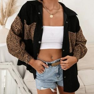 Leopard Corduroy Drop Shoulder Button Down Shirt
